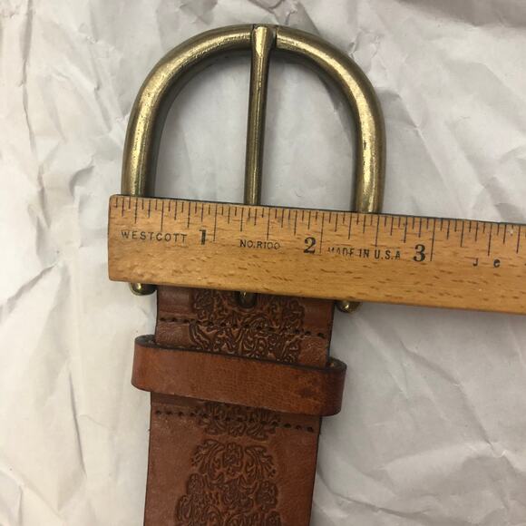 Leather Belt Brown Engraved Floral Vine Wide Italian Leather Medium